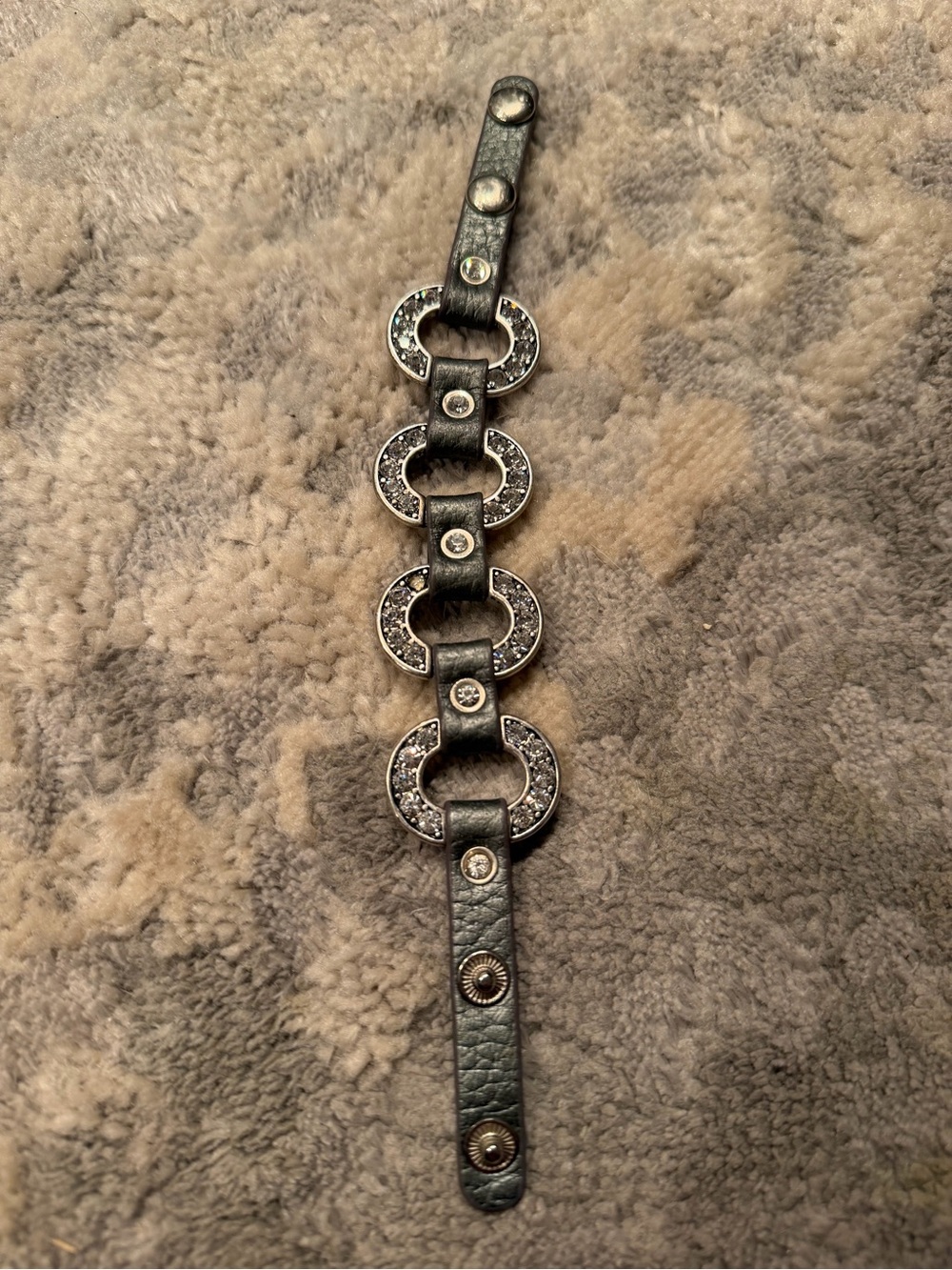Black Leather Bracelet with Sparkling Circle Links